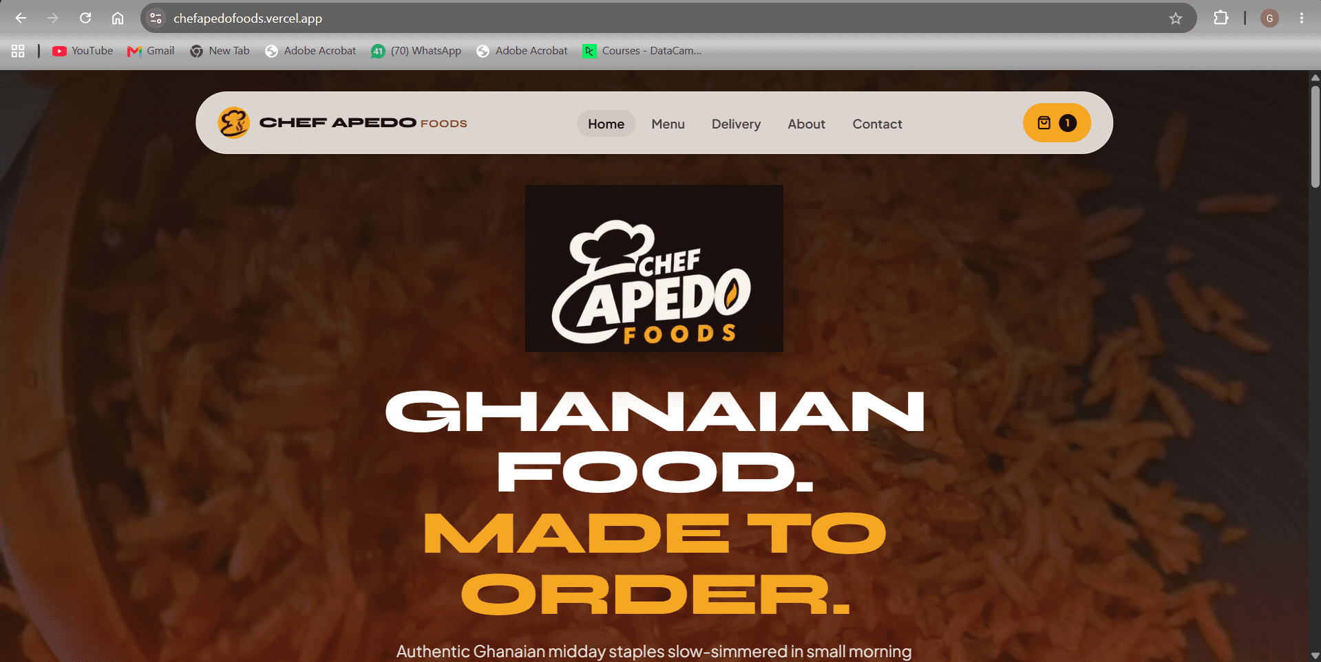 Chef Apedo Foods landing page hero: Ghanaian Food, Made to Order