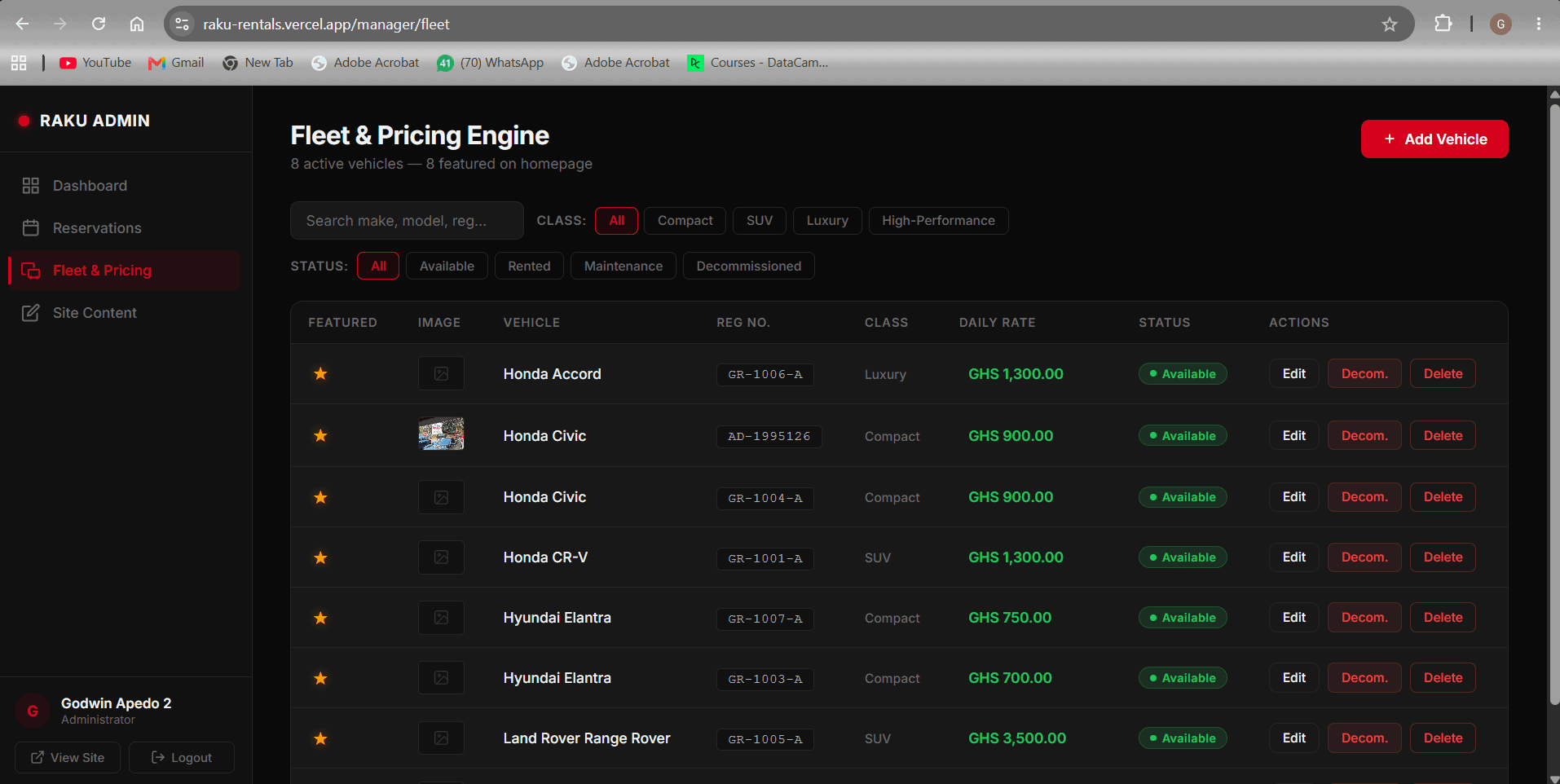 Raku fleet manager inventory CRUD and pricing controls